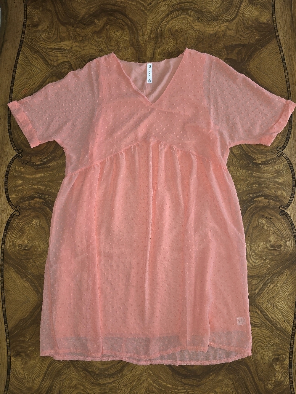 Zenana Swiss Dot Babydoll V-Neck Dress Coral Pink Womens Size S
